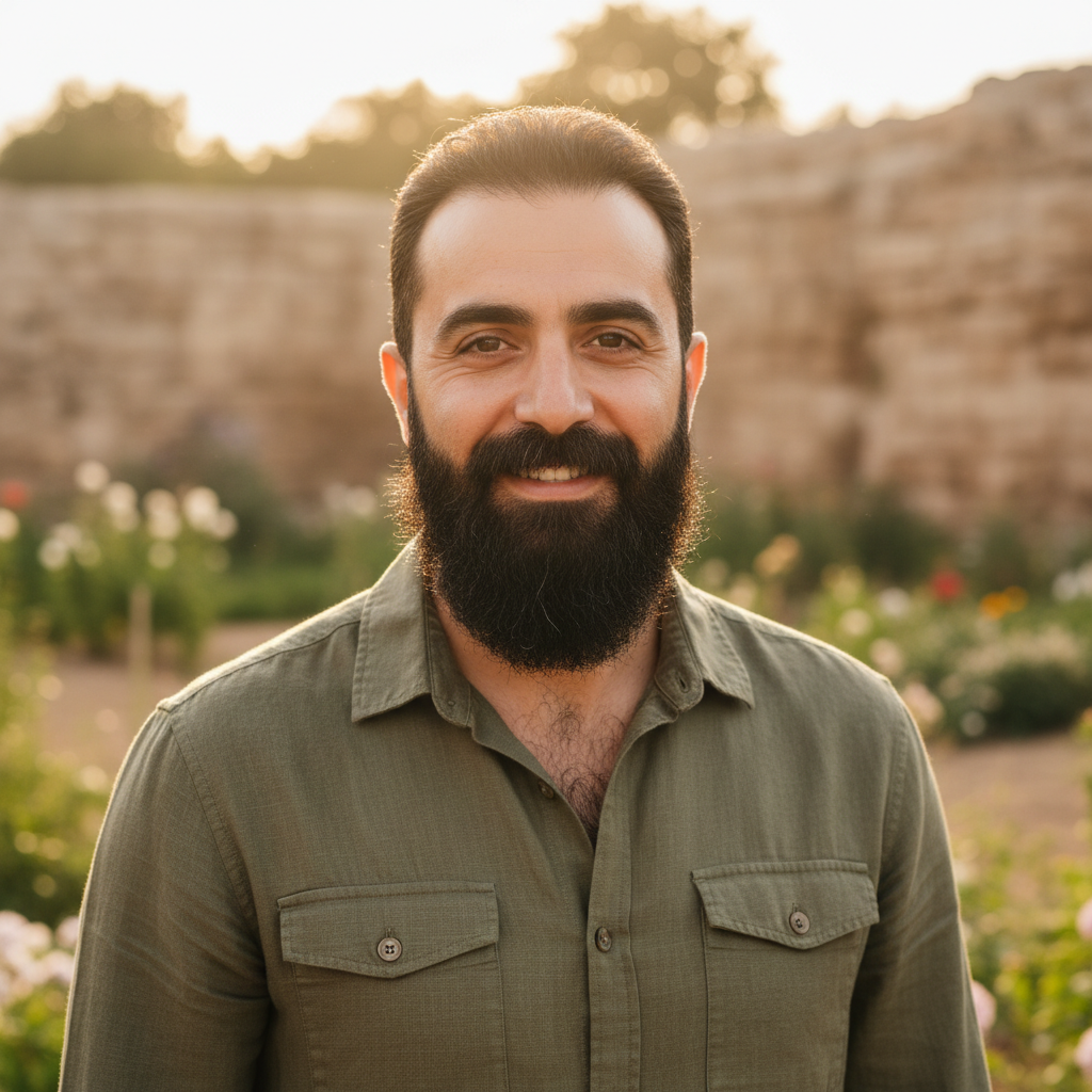 Young Arab man with beard wearing casual shirt smiling confidently