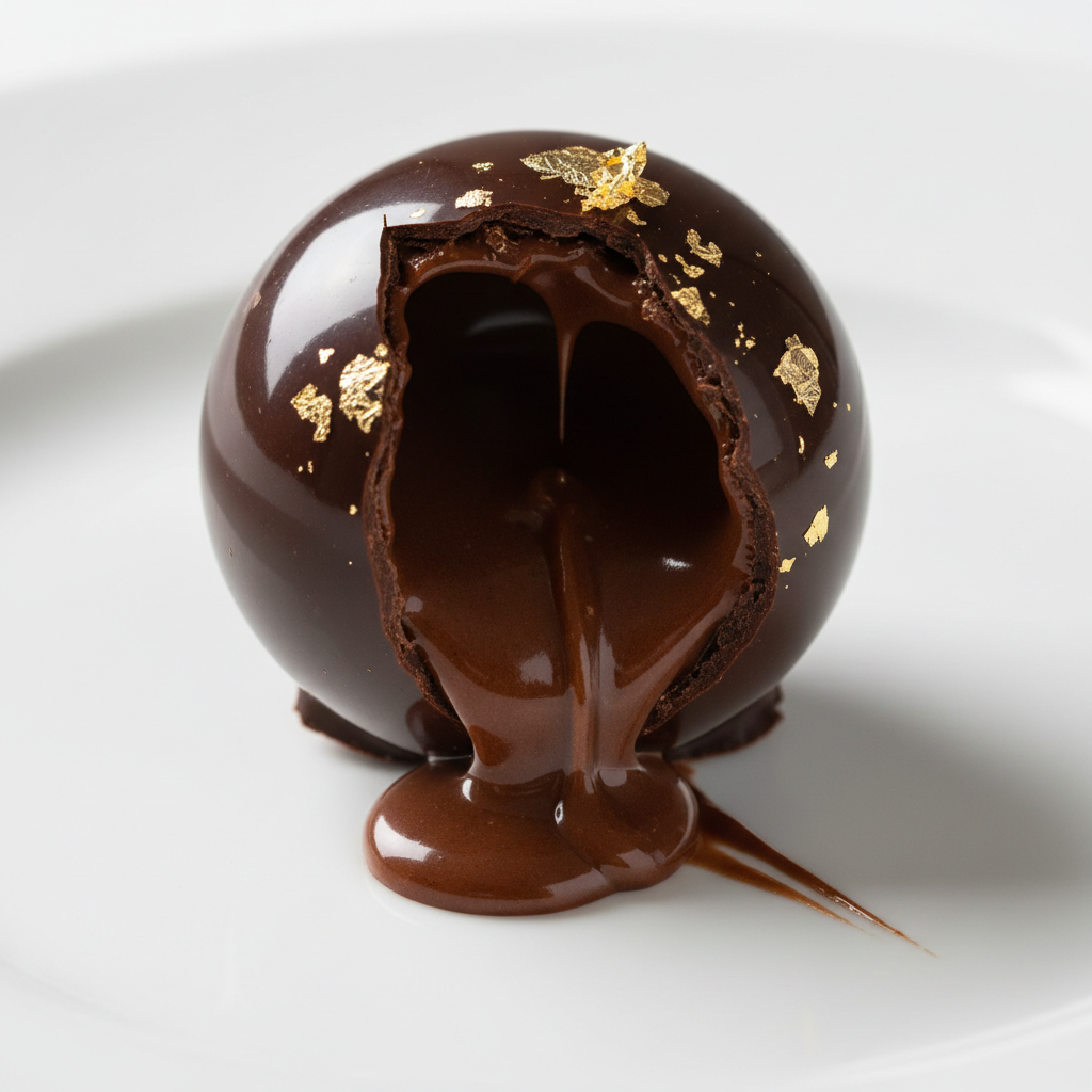 Dark chocolate sphere dessert with gold leaf