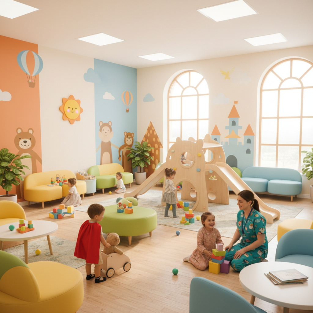 Pediatric care setting with warm colors and child-friendly environment