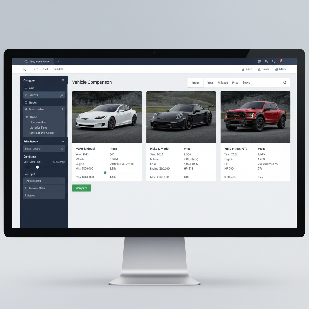 Pro marketplace template showing advanced filter sidebar and vehicle comparison feature