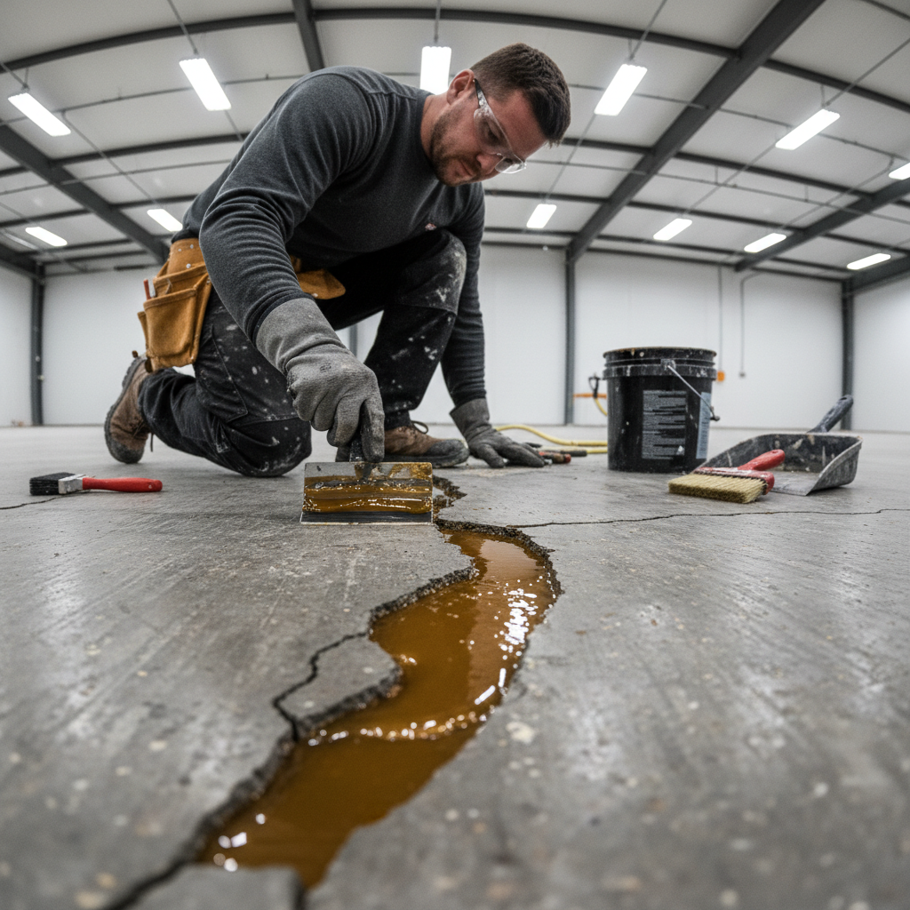 Professional contractor preparing concrete surface for epoxy application