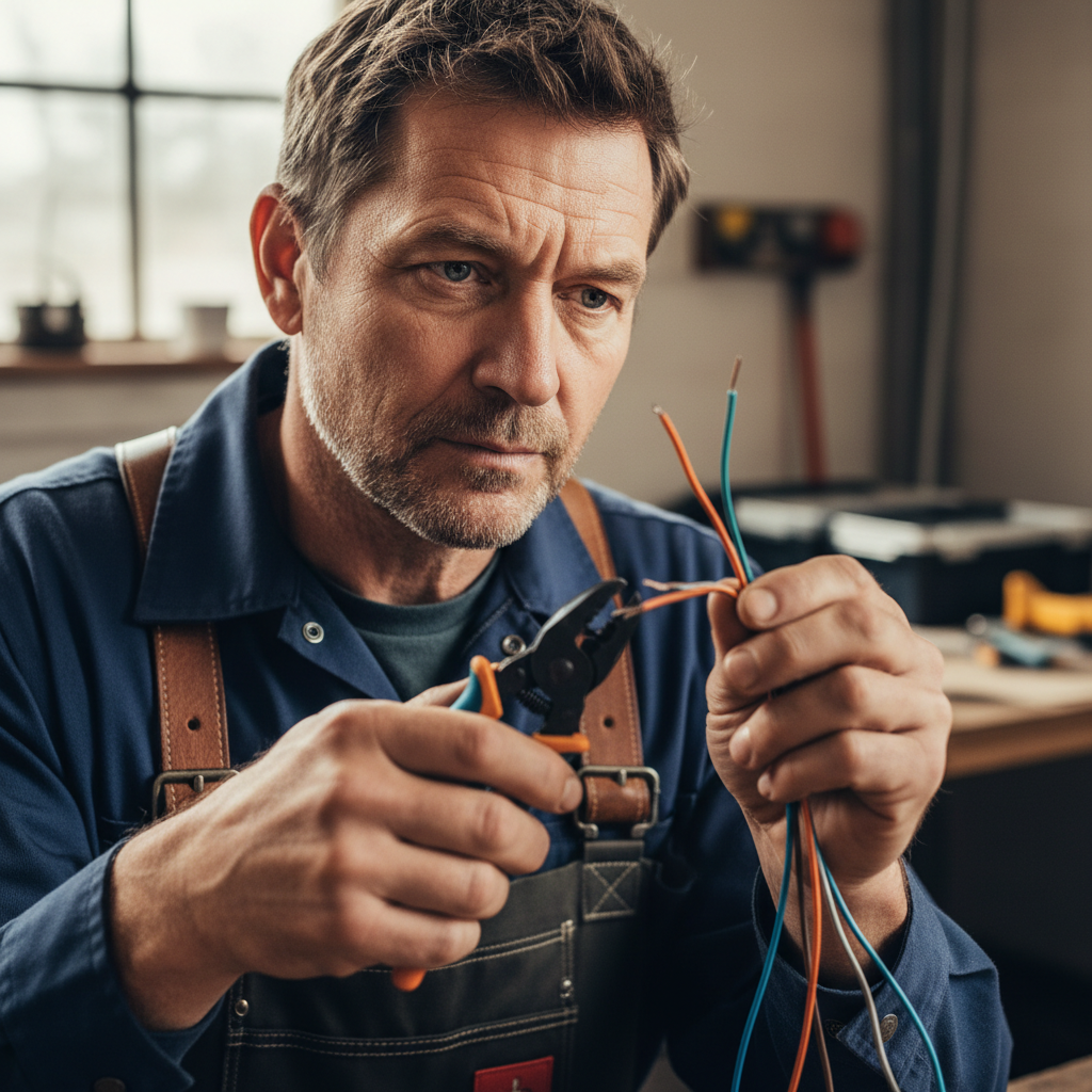 Person working with electrical wiring and tools, focused expression, workshop setting, warm industrial lighting