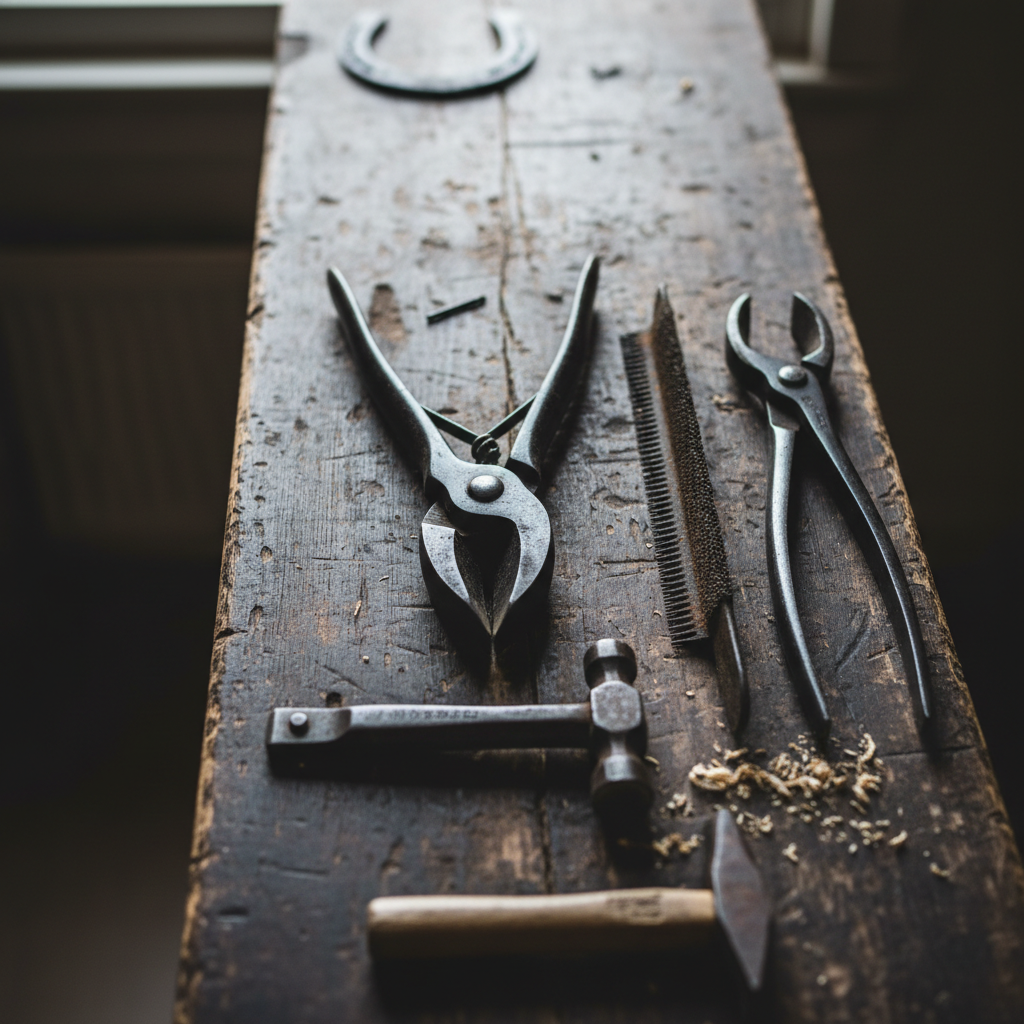 Farrier carefully trimming horse hoof with professional nippers, natural daylight, earthy stable floor