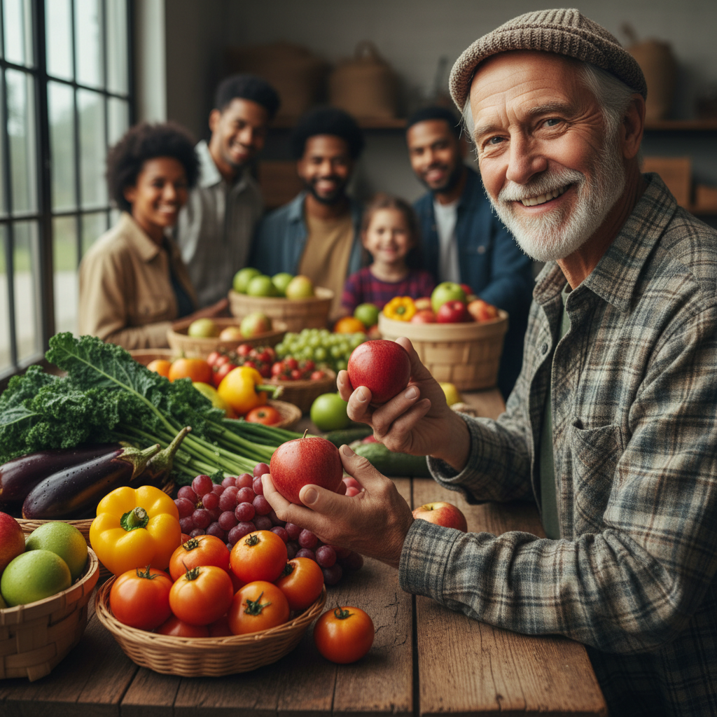 Older man smiling while reviewing fresh produce at a community pantry table