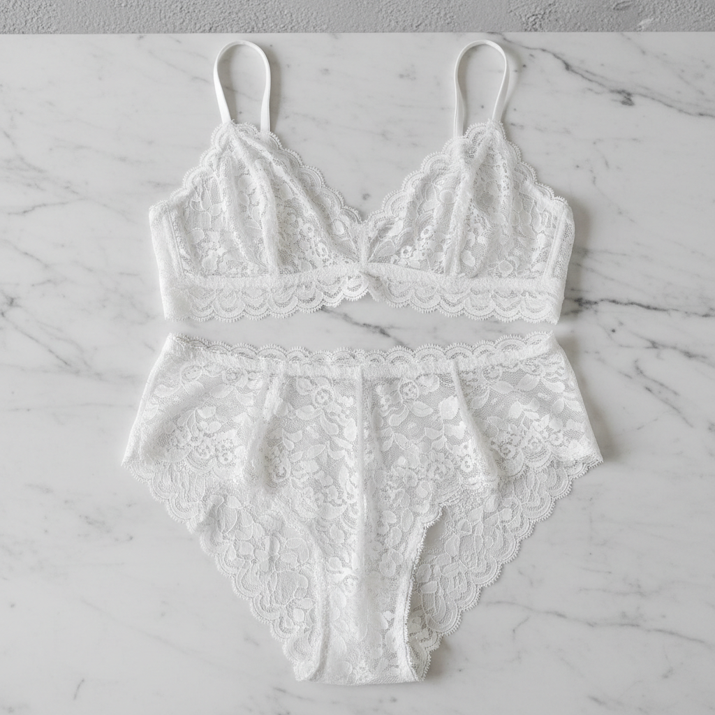 Plus-size model wearing ivory lace bralette and high-waist brief, clean white studio backdrop