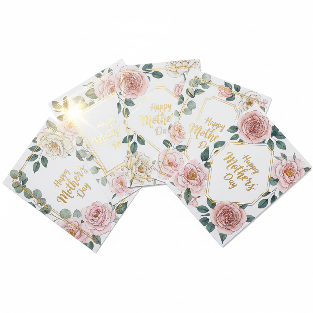 Mother's Day floral greeting cards with botanical illustrations and gold foil accents