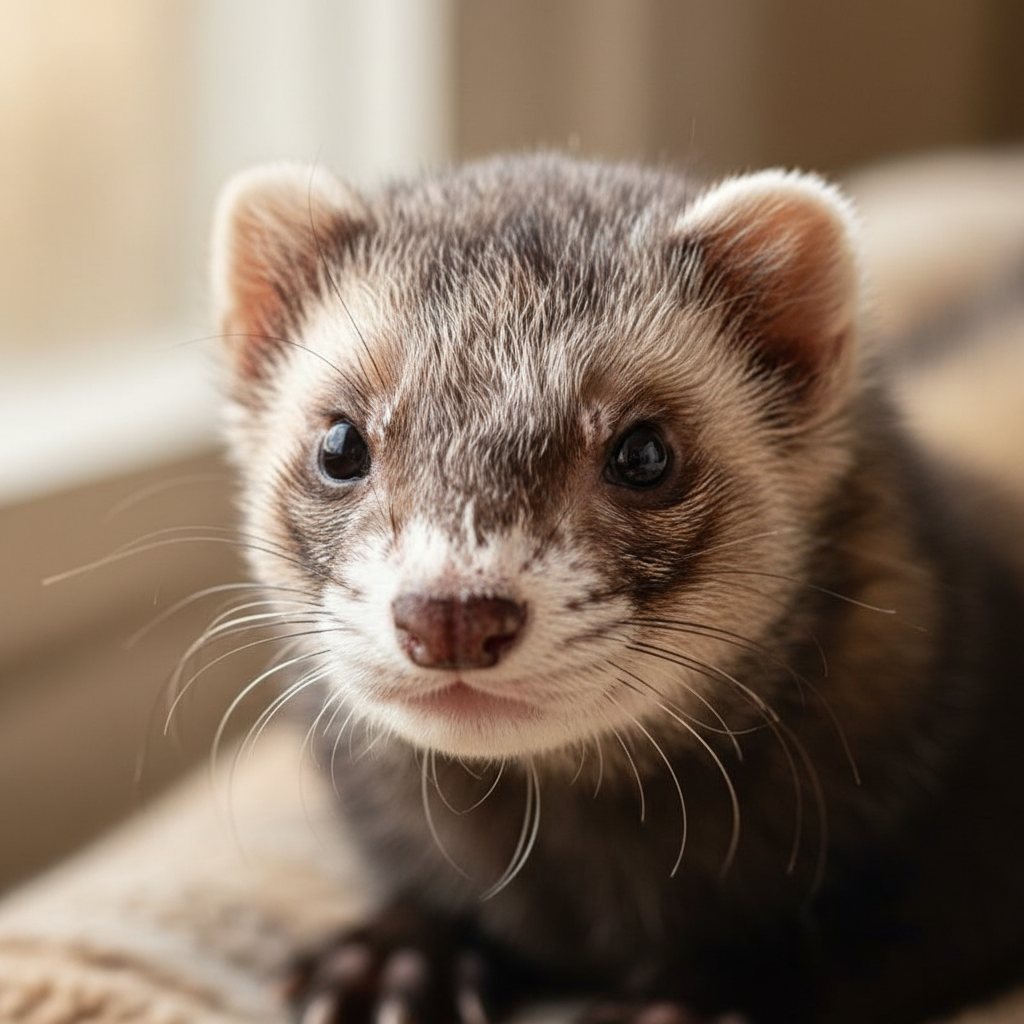 Close portrait of an elderly sable ferret, grey muzzle visible, wisdom and love in dark eyes