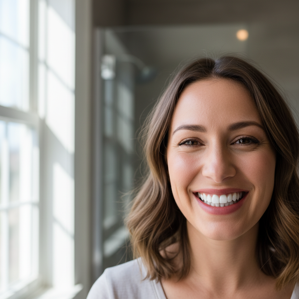Beautiful natural smile showing cosmetically perfect teeth, warm studio lighting, confident expression