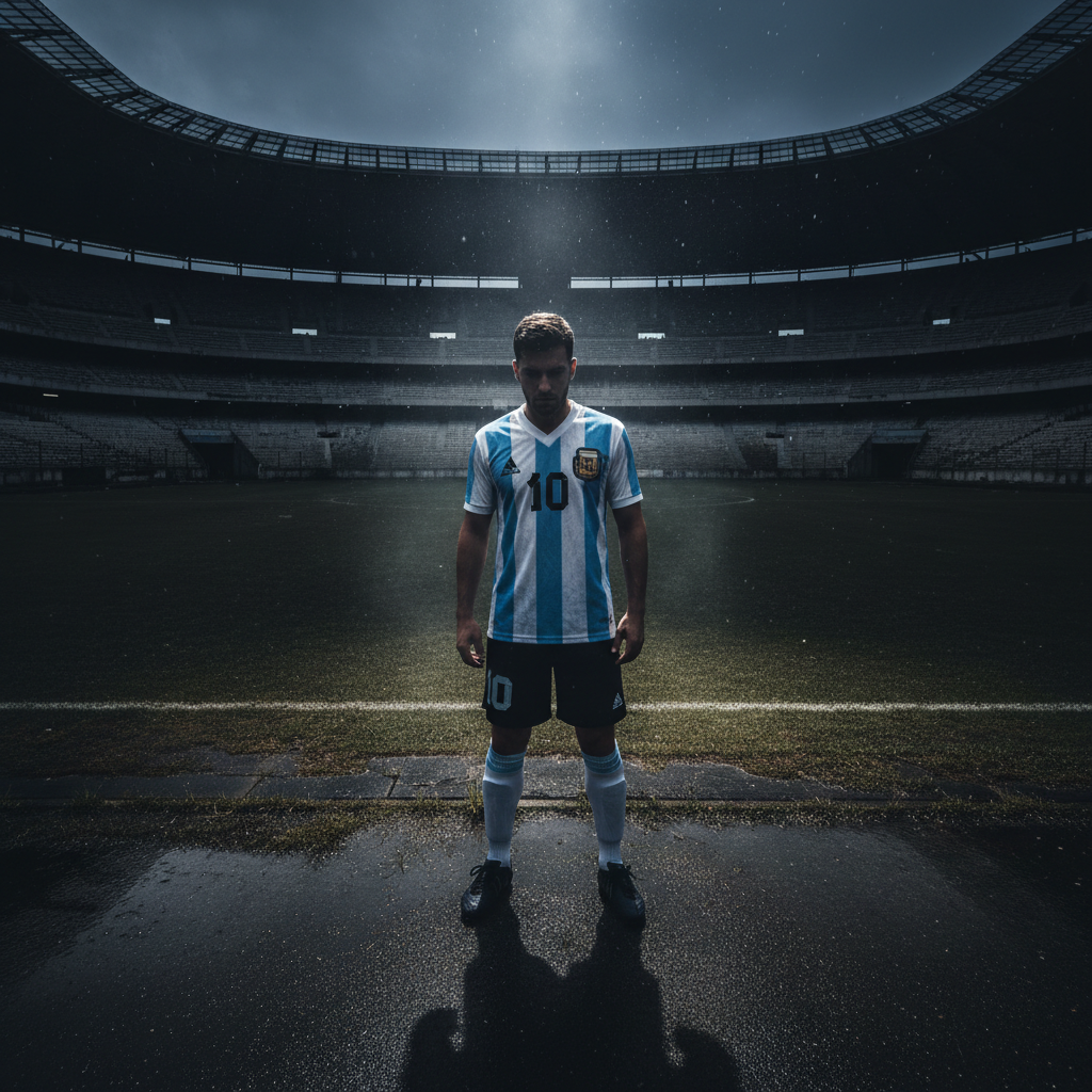 Light blue and white Argentina football jersey on dark moody background with atmospheric side lighting