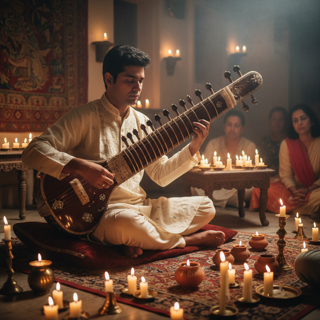 Intimate sitar recital performance with warm candlelight ambiance