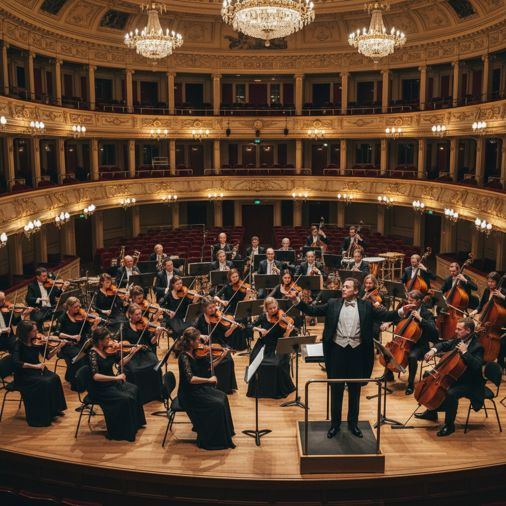 Orchestra performing on grand stage, dramatic low-key lighting, dark concert hall, deep shadows, conductor silhouette