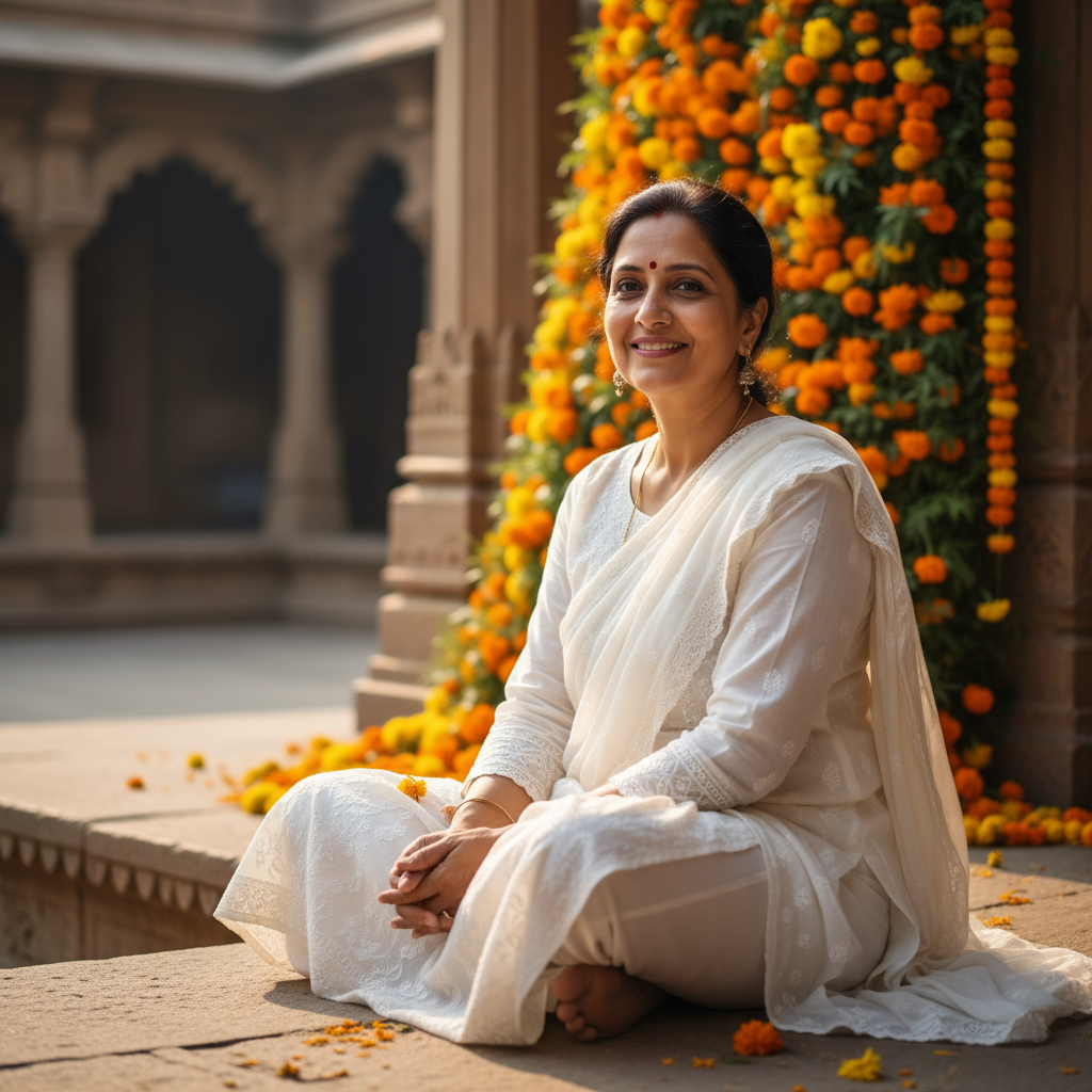 Middle-aged Indian woman in traditional attire with a warm and grateful smile, rural background
