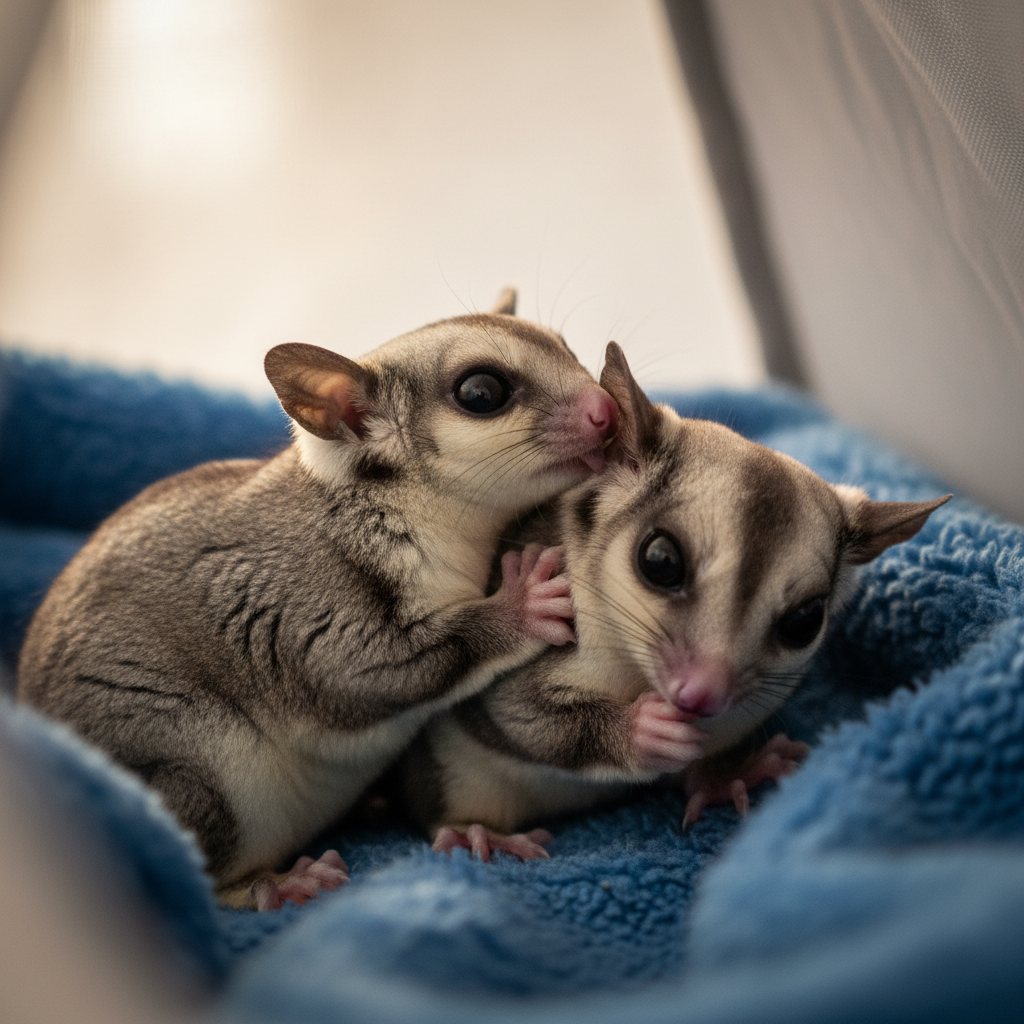 Two sugar gliders grooming each other on fleece blanket in tent