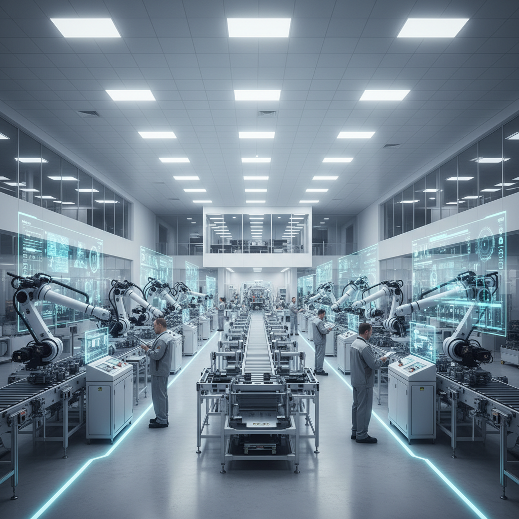 Automated production line with robotic arms and conveyor systems, bright manufacturing facility