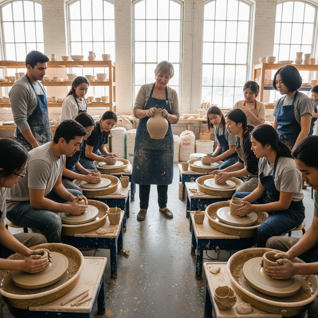 Students gathered around pottery wheels learning hand-building techniques from experienced instructor