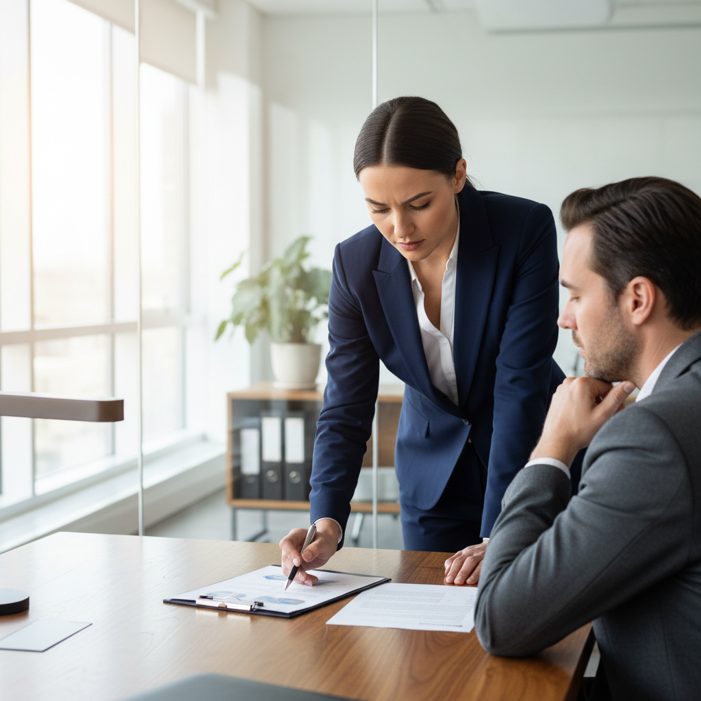 Business executive reviewing strategic charts on glass desk, bright office, professional planning session