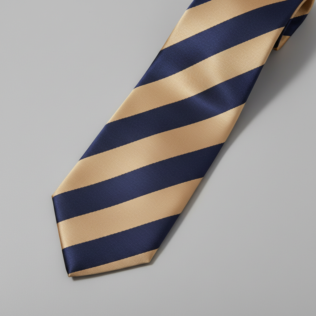 Navy and gold diagonal stripe microfiber satin tie catching overhead light
