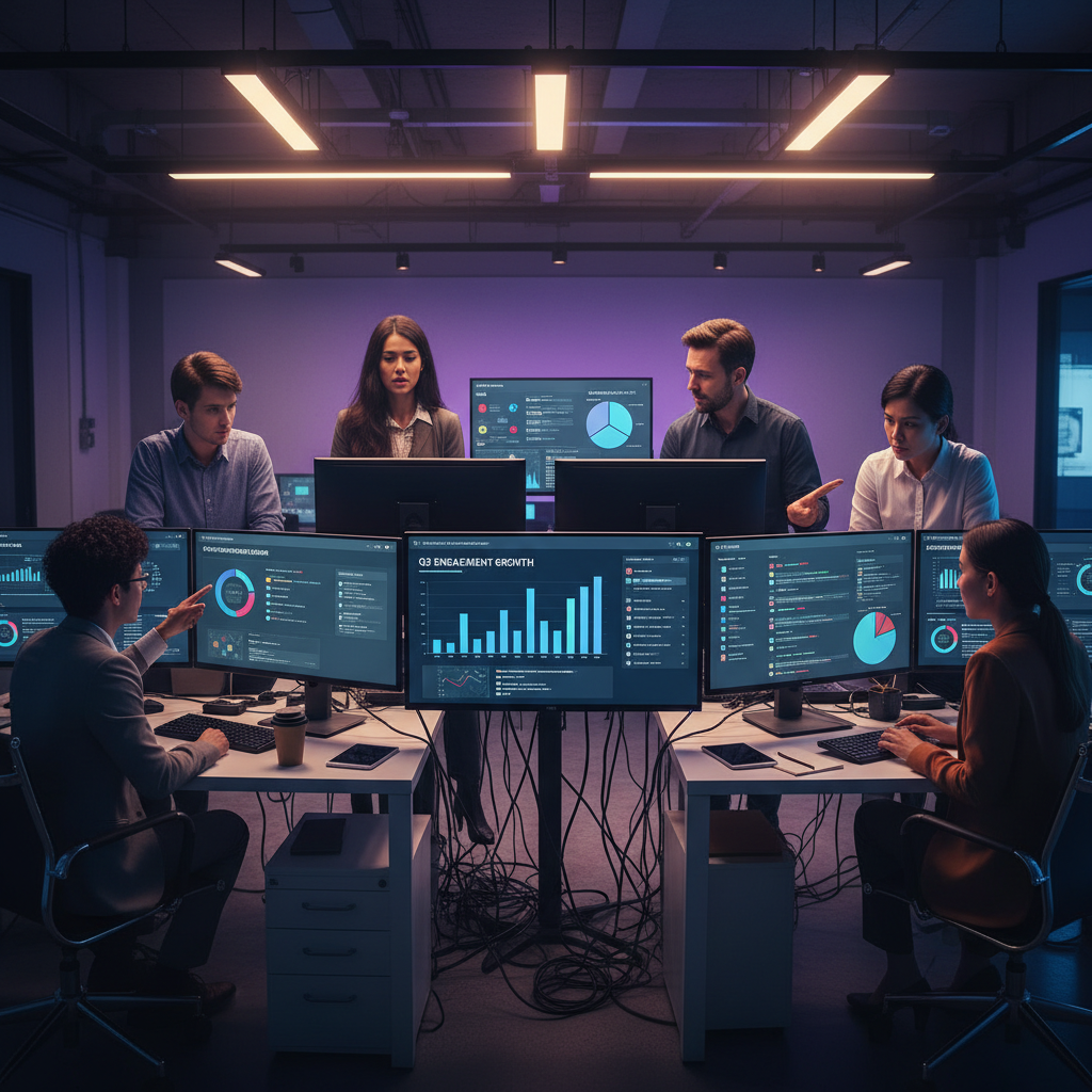 Social media analytics dashboard with charts, graphs, and engagement metrics on multiple screens