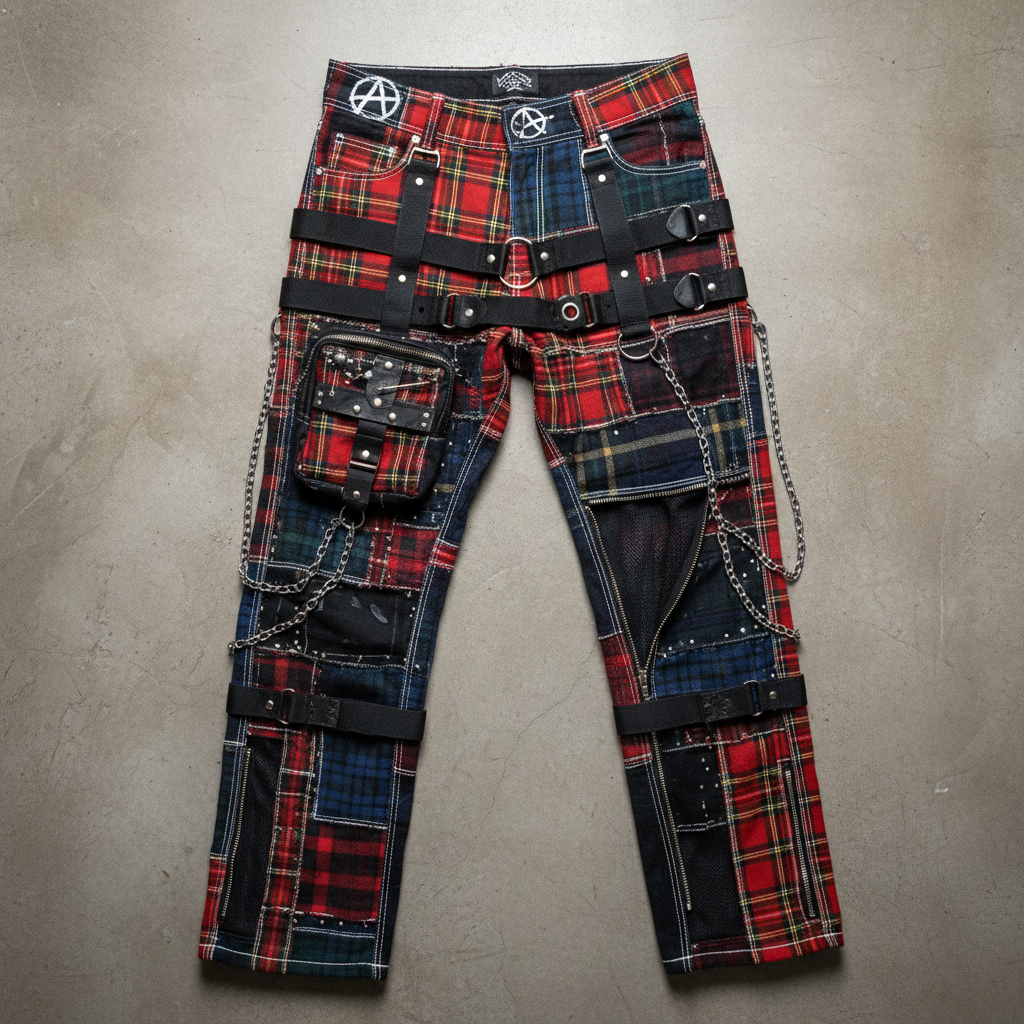 Reconstructed punk bondage trousers made from deadstock tartan fabric