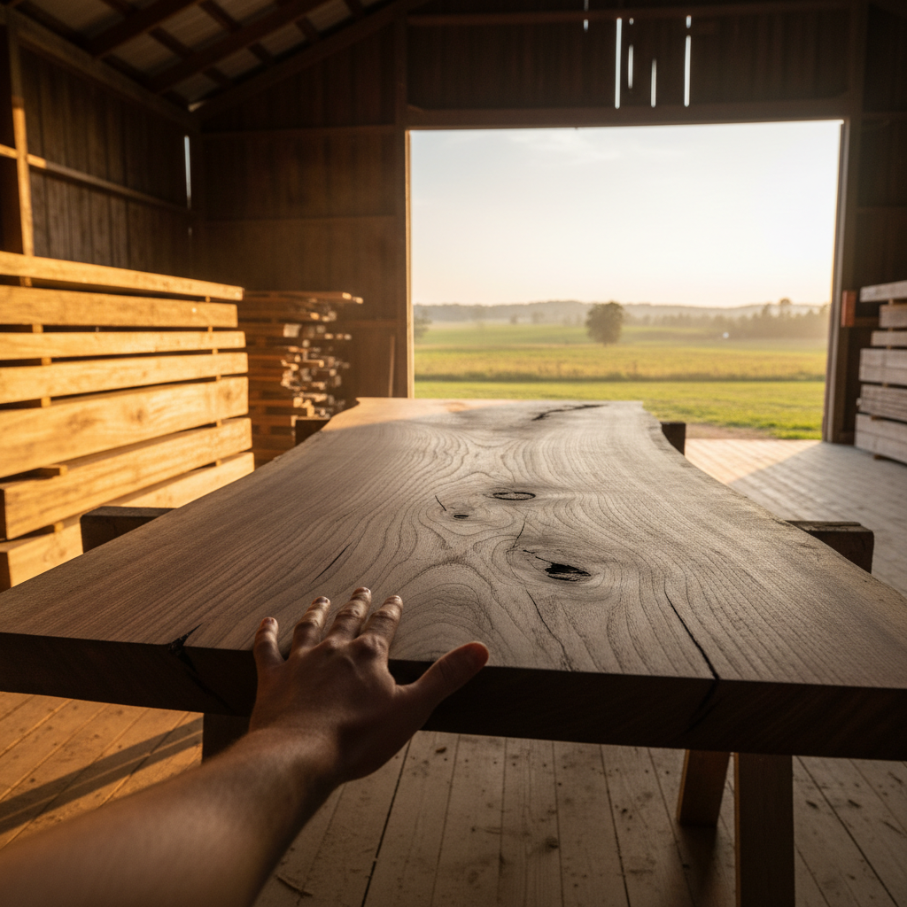 Golden hour inside an open-sided drying barn — a hand running along the grain of a massive live-edge walnut slab on sawhorses, with stickered lumber stacks receding in neat rows and a soft-focus pastoral field in the background