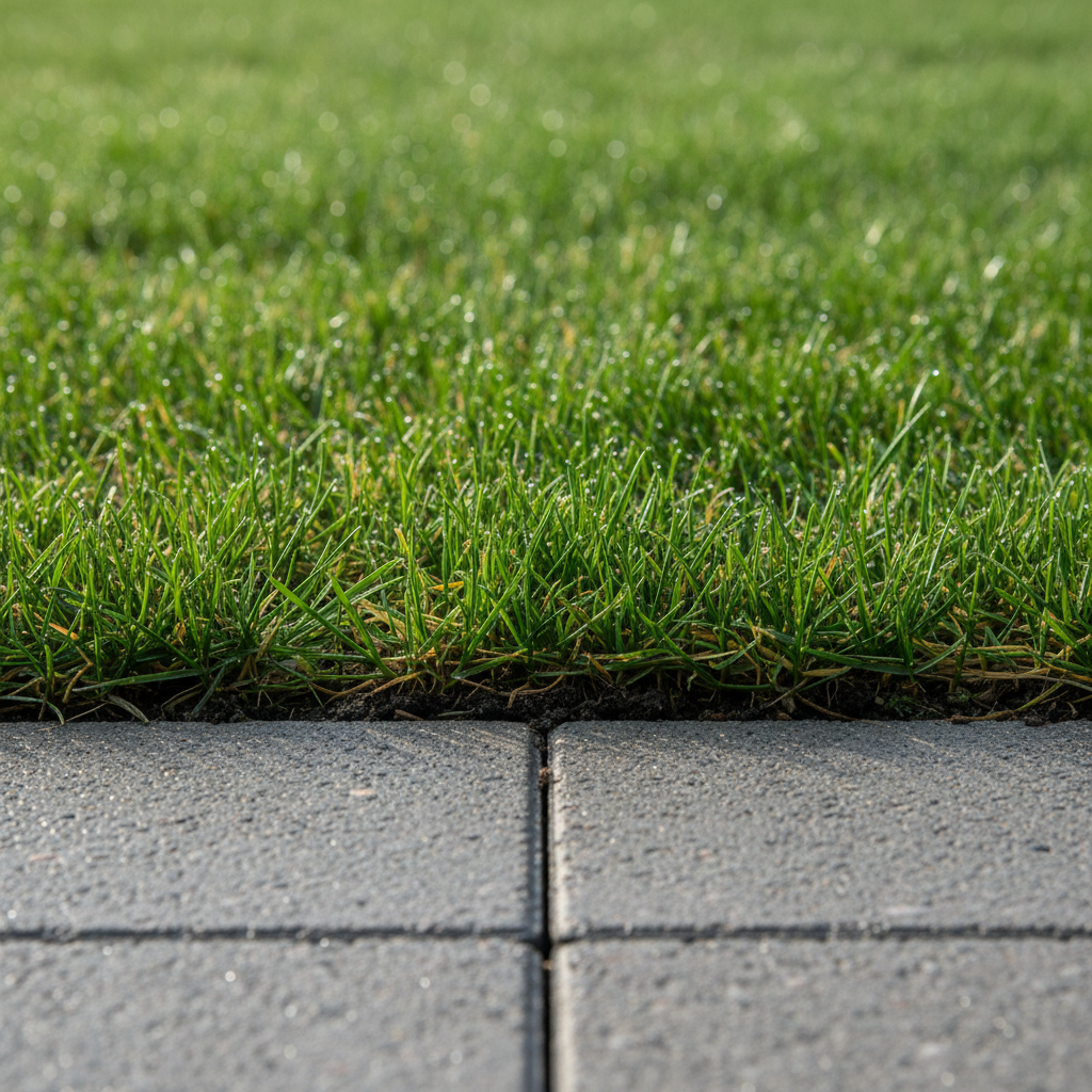 Close view of a freshly edged lawn border along a garden bed