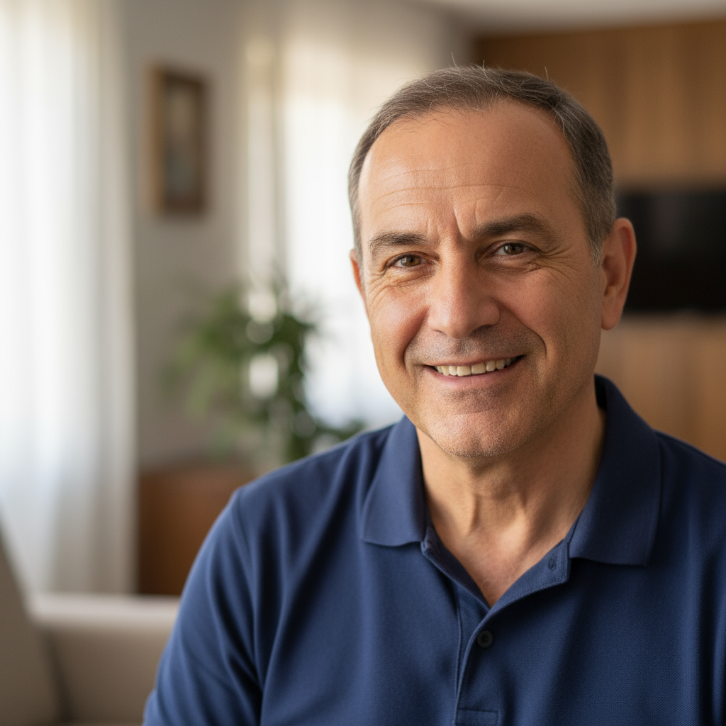 Έλληνας άνδρας μέσης ηλικίας, φιλικό χαμόγελο, φωτεινό φόντο