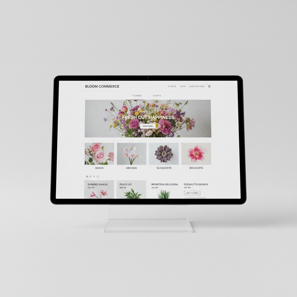 E-commerce website design on laptop screen, dark background, minimal product photography