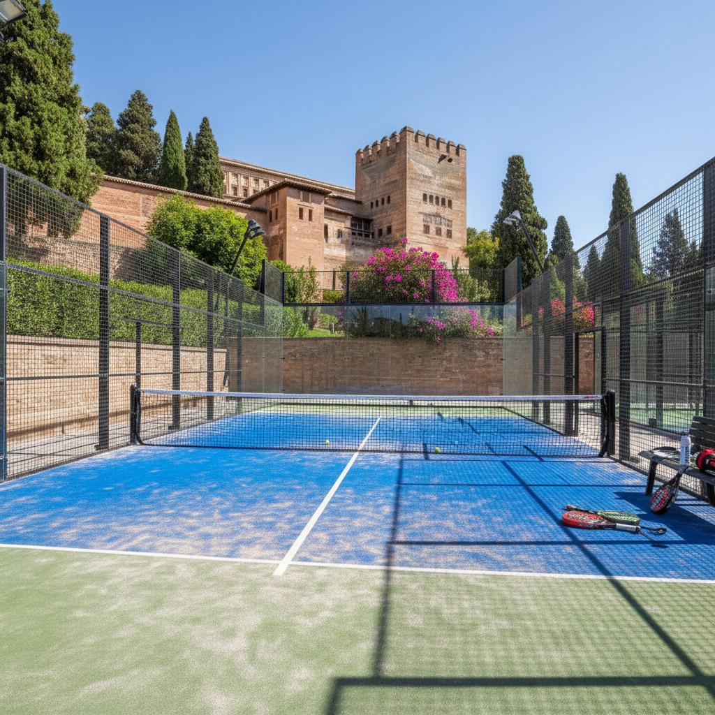 Outdoor padel courts at a coastal club, bright sunny day, clean court surfaces