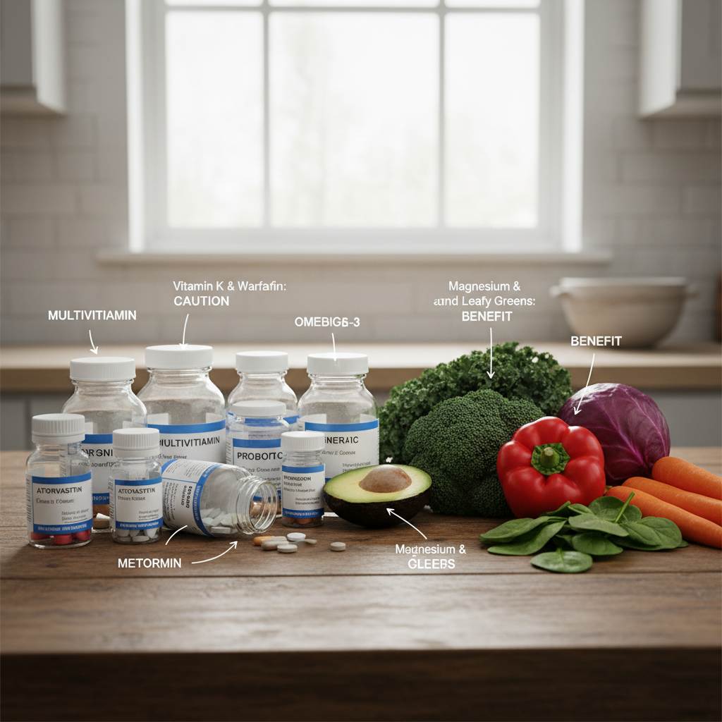 Medication bottles alongside fresh vegetables representing drug-nutrient interactions