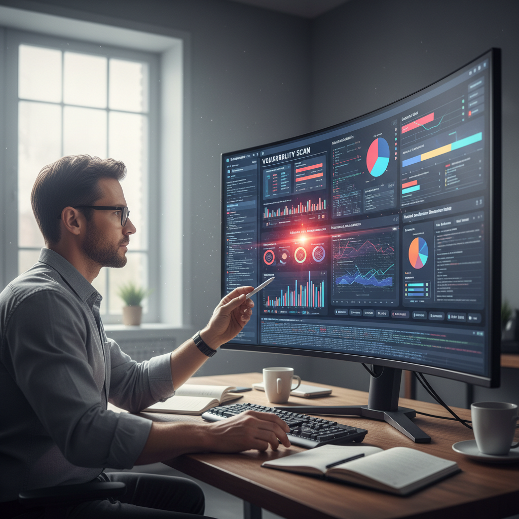 Cybersecurity analyst reviewing vulnerability scan results on multiple monitors with network topology diagrams
