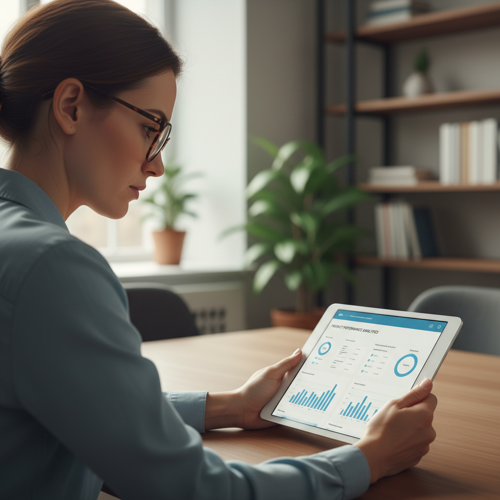Analytics dashboard on laptop screen showing product performance metrics in modern office environment