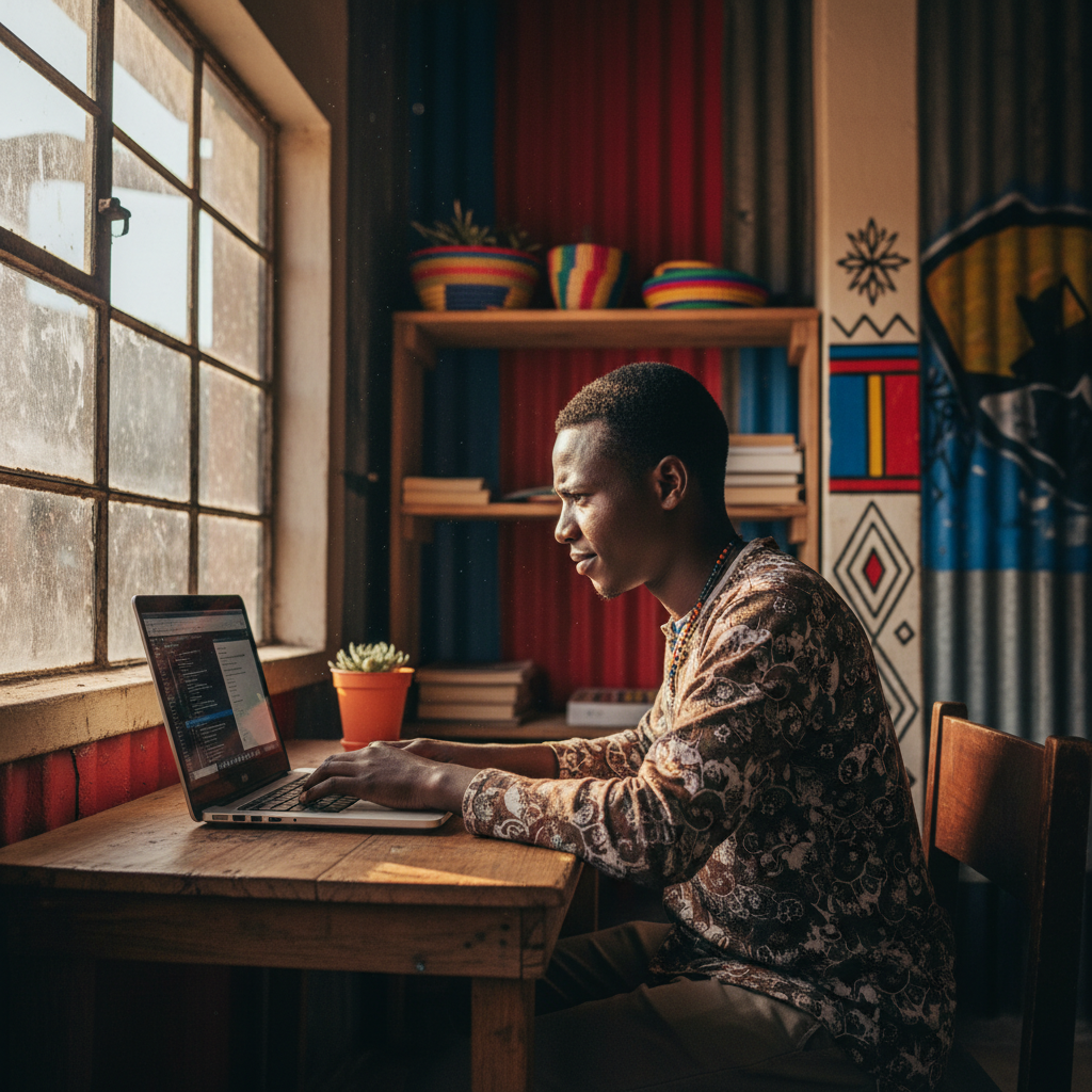 Person learning on laptop in informal business setting, South African township, focused expression