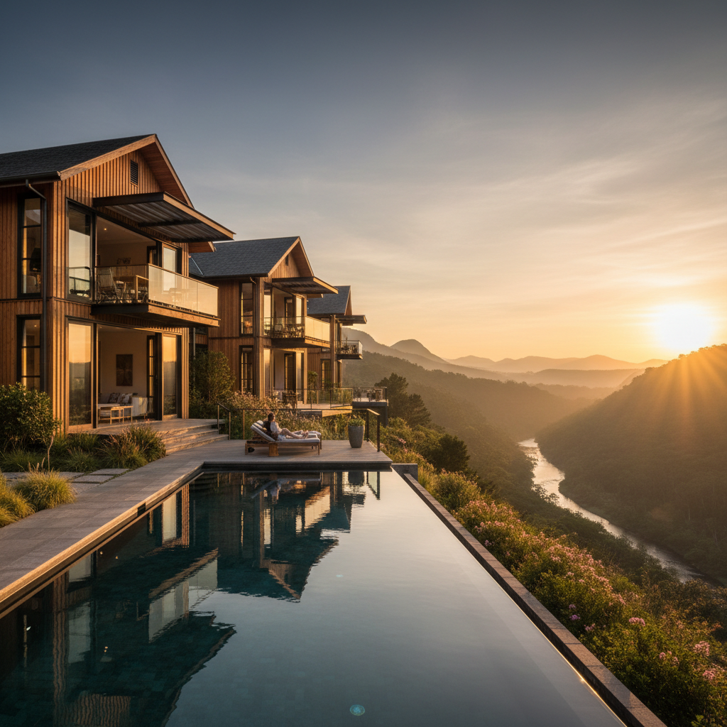 Boutique lodge with multiple interconnected timber buildings and infinity pool overlooking forested valley at sunset
