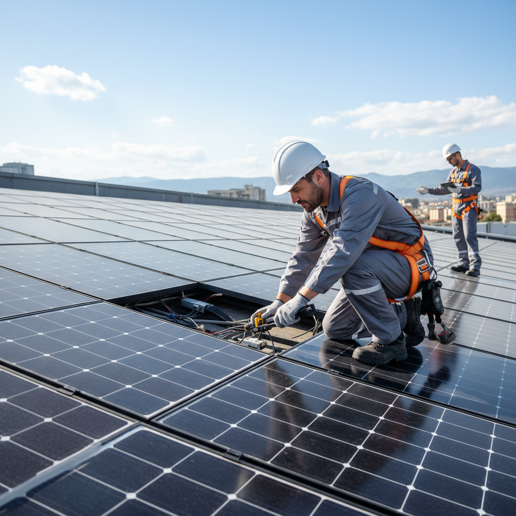 Technician performing maintenance on solar panels at a large solar power plant