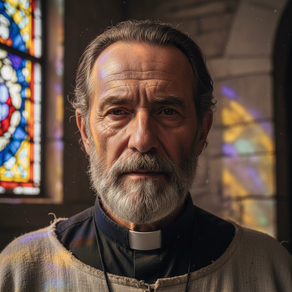 Actor as Father Emilio — clerical collar, weathered face, soft diffused light from a church window