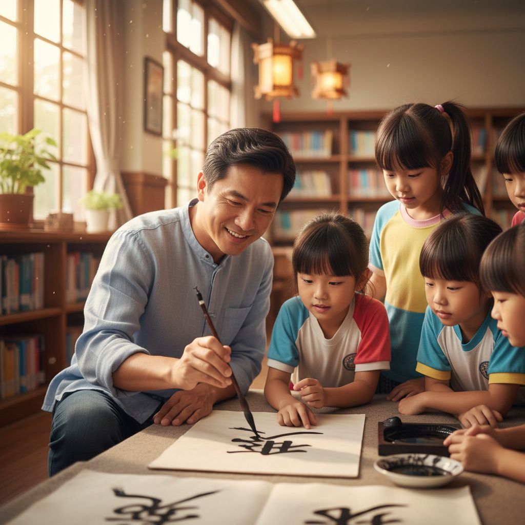 Taiwanese man in his 40s kneeling to eye level with young students, demonstrating character writing