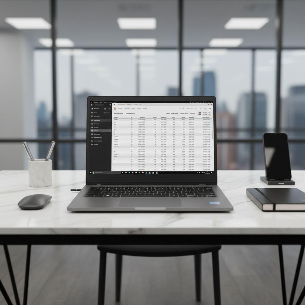 Clean bright laptop workspace showing data import interface, well-lit modern office environment