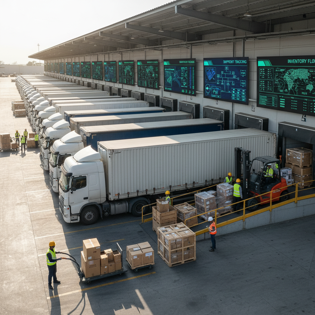 Food distribution trucks lined up at a loading dock for delivery