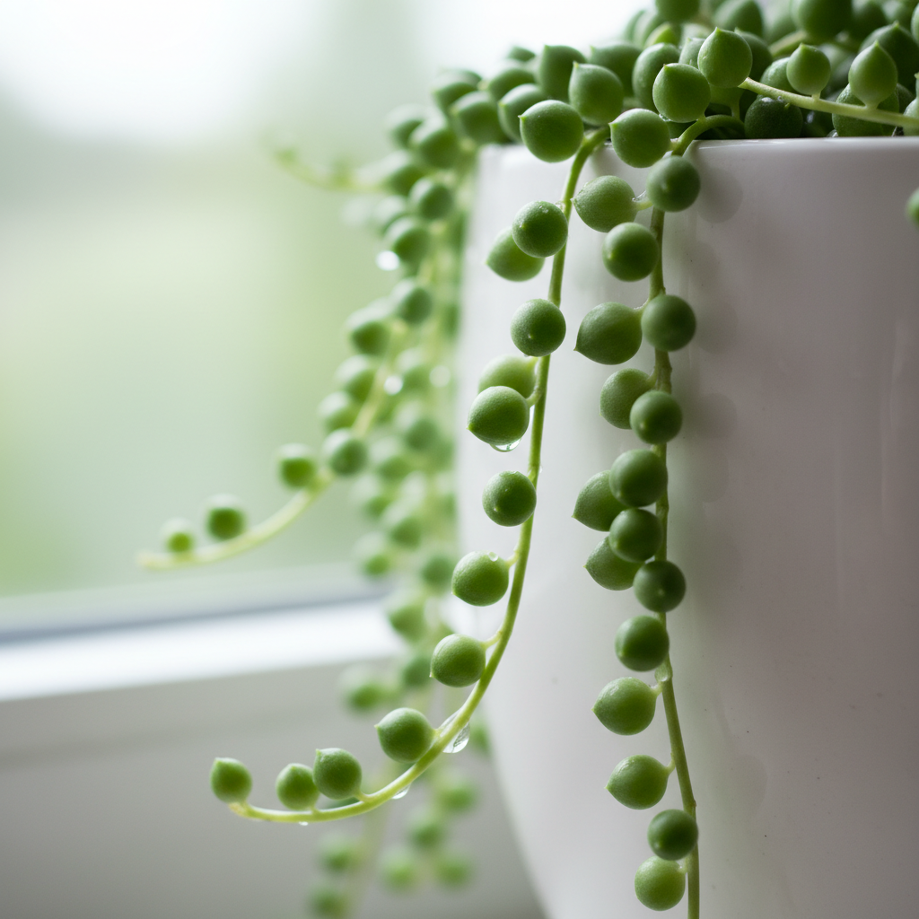 String of pearls succulent cascading from white hanging pot with bead-like leaves
