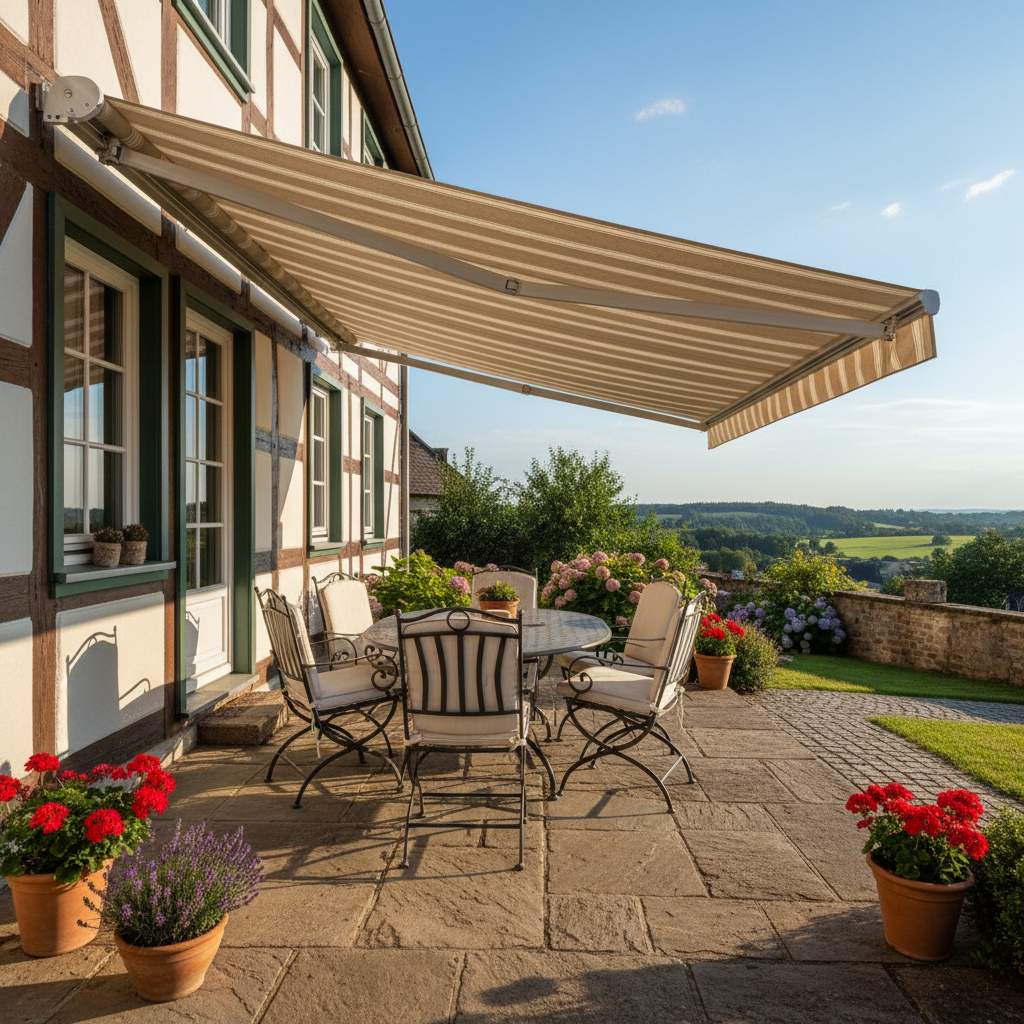 Motorized retractable awning extended over a large deck, outdoor dining furniture in shade, summer afternoon