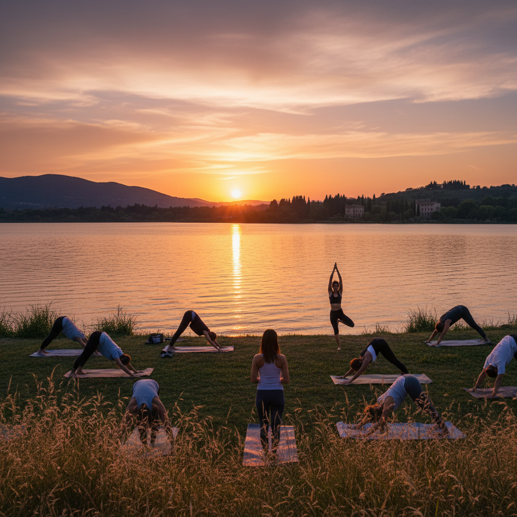 Yoga e fitness sul lago di Bracciano al tramonto