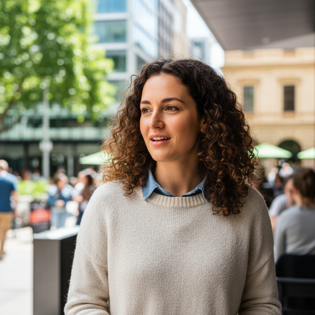 Sophie M., female customer from Canberra with curly brown hair