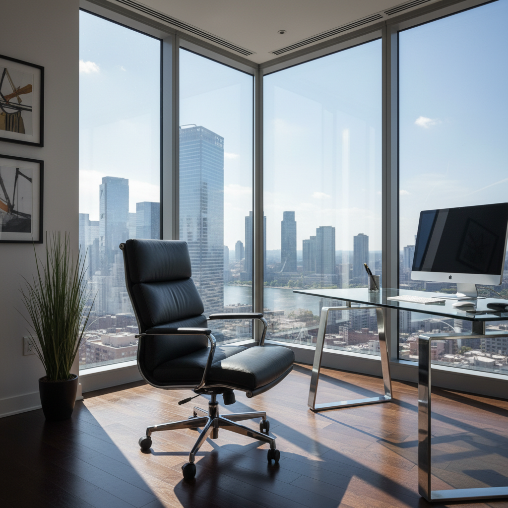 Sunlit executive corner office with floor-to-ceiling windows overlooking a city skyline, single leather chair facing the glass