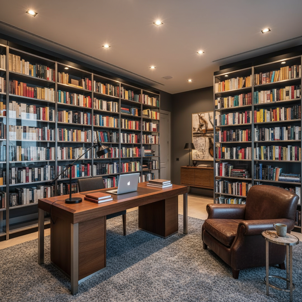 Estudio privado con escritorio de madera y acero, libreros de cristal, sillón de cuero oscuro, iluminación puntual arquitectónica