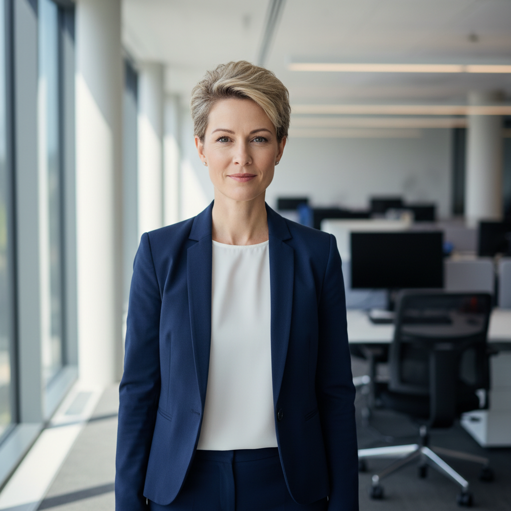 Sarah Martinez, professional woman with blonde hair wearing business attire