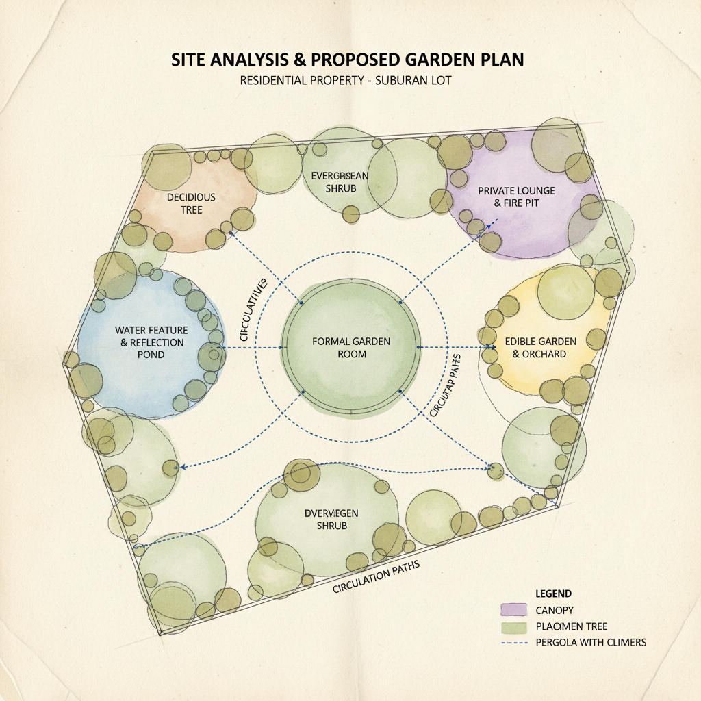 Site analysis plan with zone mapping showing proposed garden rooms, circulation paths, and canopy placement studies on a flat residential property