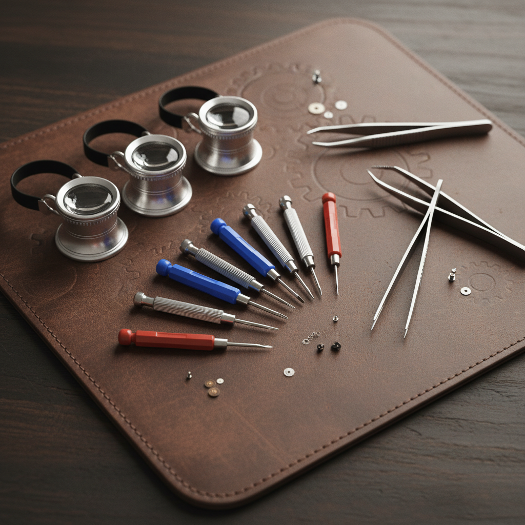 Detailed view of hearing aid repair tools including precision tweezers and miniature screwdrivers arranged on a clean workbench