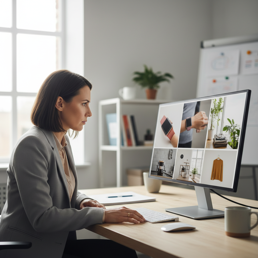 DTC brand manager reviewing AI-generated lifestyle product images on screen