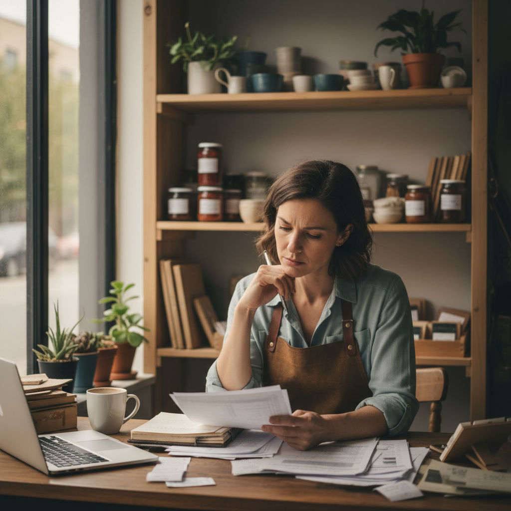 Small business owner reviewing financial reports with a consultant in a professional office