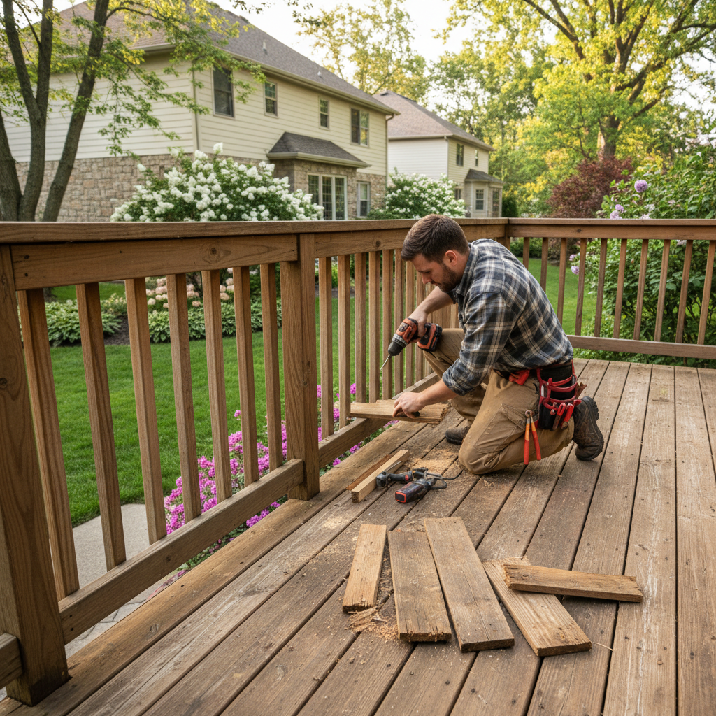 Handyman repairing wooden deck railing on a residential property exterior